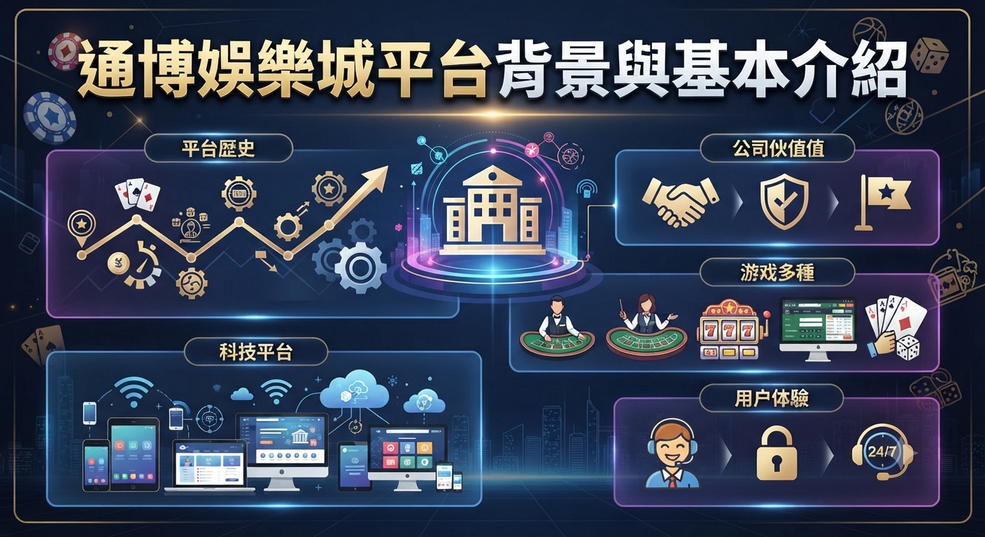 這張圖片展示了通博娛樂城平台背景與基本介紹的視覺化資訊圖表。 畫面採用深色科技風設計,並融合了多媒體圖標與各項平台功能的佈局。