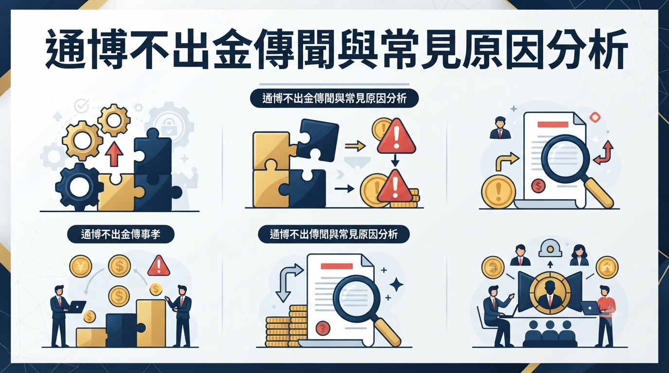 本圖片為「通博不出金傳聞與常見原因分析」的主題圖表,上方醒目地展示了完整的繁體中文標題。 畫面下方則配合標題內容,以六個區塊的資訊圖表與插圖來分析相關原因與現象。