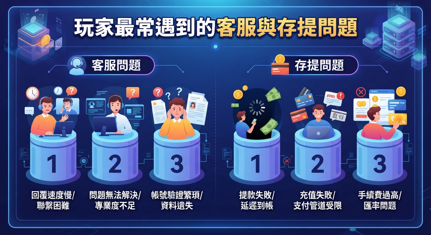這張資訊圖表展示了玩家在遊戲中常遇到的客服與存提問題，並以分類圖示與編號詳細列出具體的痛點。 畫面清晰地劃分為客服與存提兩大板塊，幫助平台運營商快速識別並解決用戶的核心疑慮。