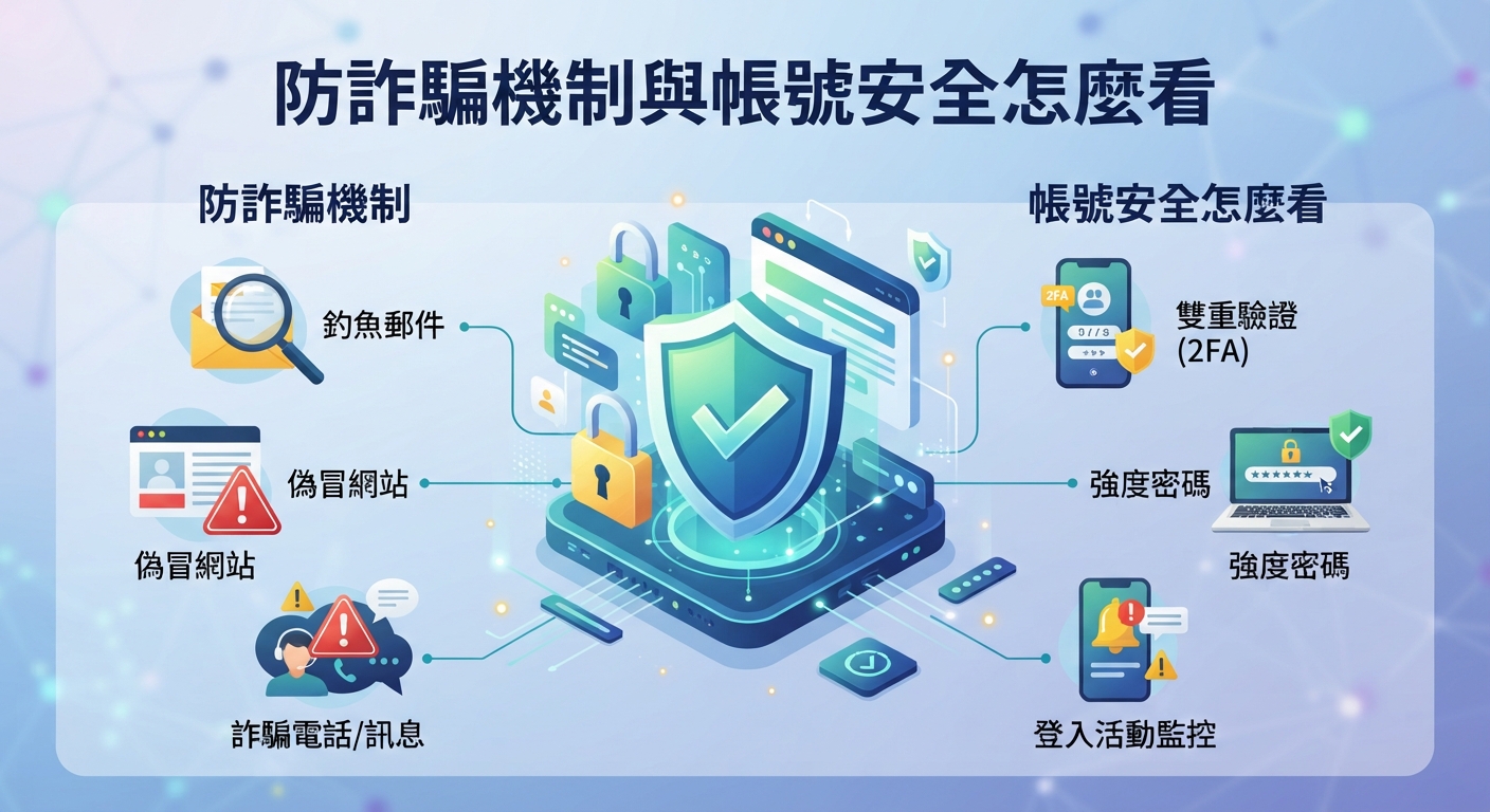 這是一張關於防詐騙機制與帳號安全的資訊圖表。 圖中展示了釣魚郵件、雙重驗證及登入活動監控等相關安全概念。